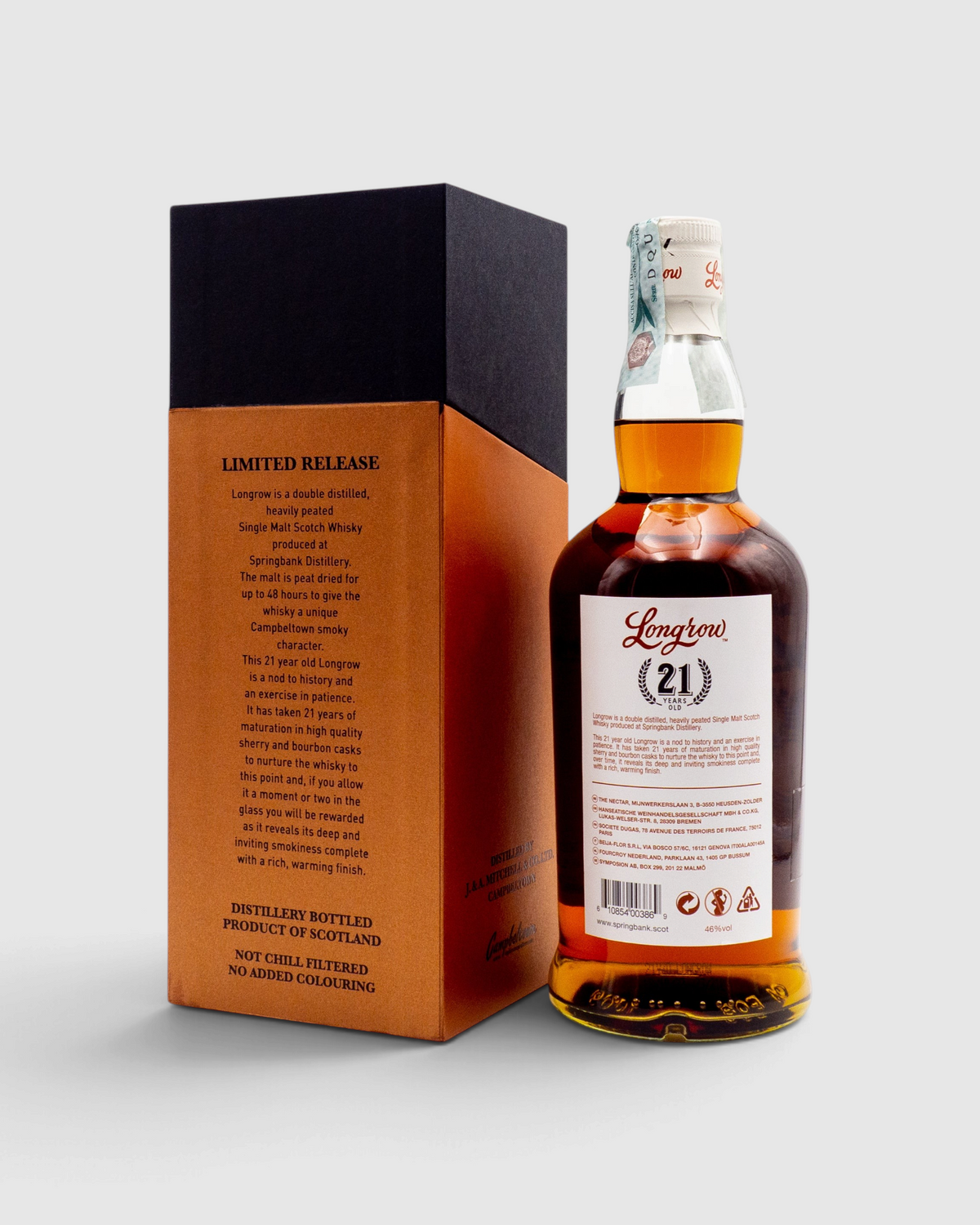 Retro della bottiglia di whisky torbato Longrow 21 anni Limited Edition 2023 con scatola Raró Shop