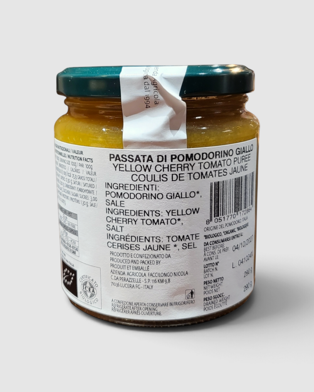 Barattolo di passata di pomodorino giallo biologico Raró Shop, etichetta con ingredienti e informazioni nutrizionali