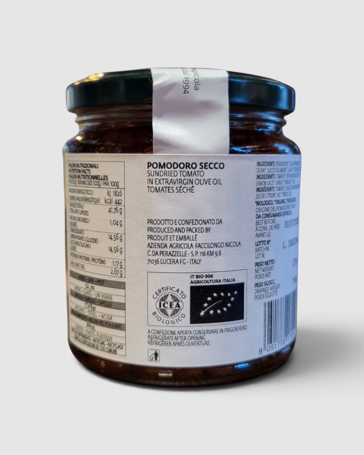 Barattolo di pomodori secchi sott'olio Raró Shop con etichetta informativa e dettagli nutrizionali