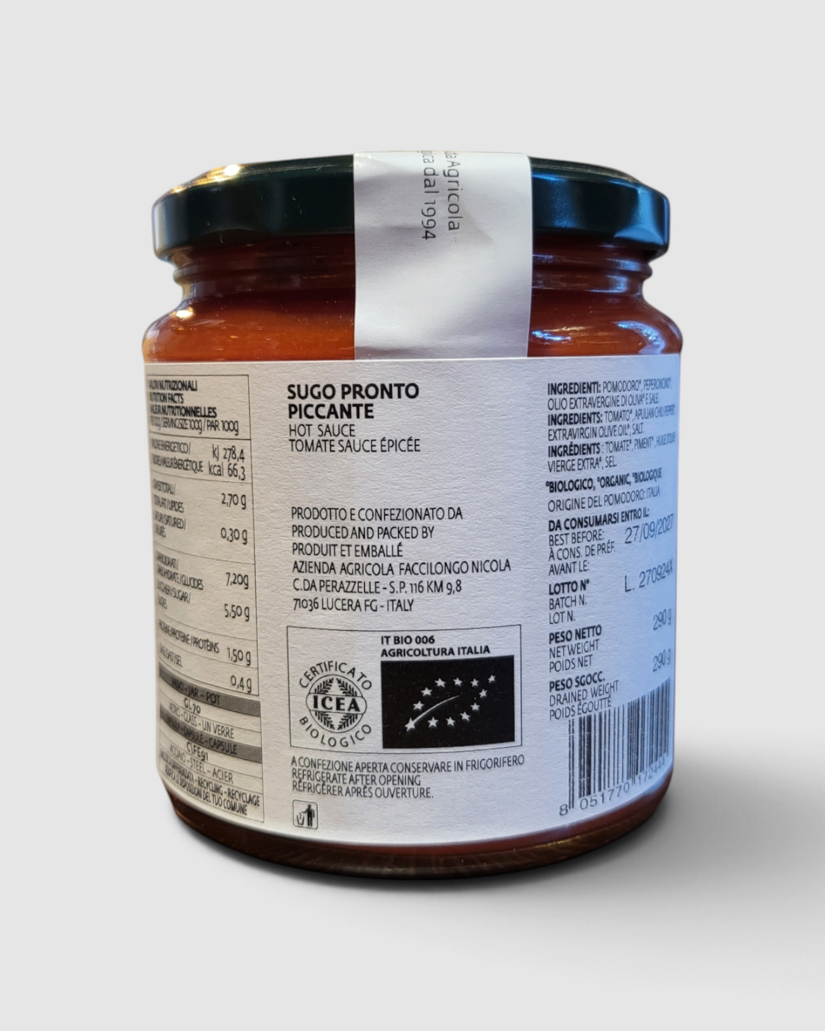 Barattolo di Sugo Pronto Piccante Raró Shop con pomodori biologici, olio extravergine di oliva e peperoncino
