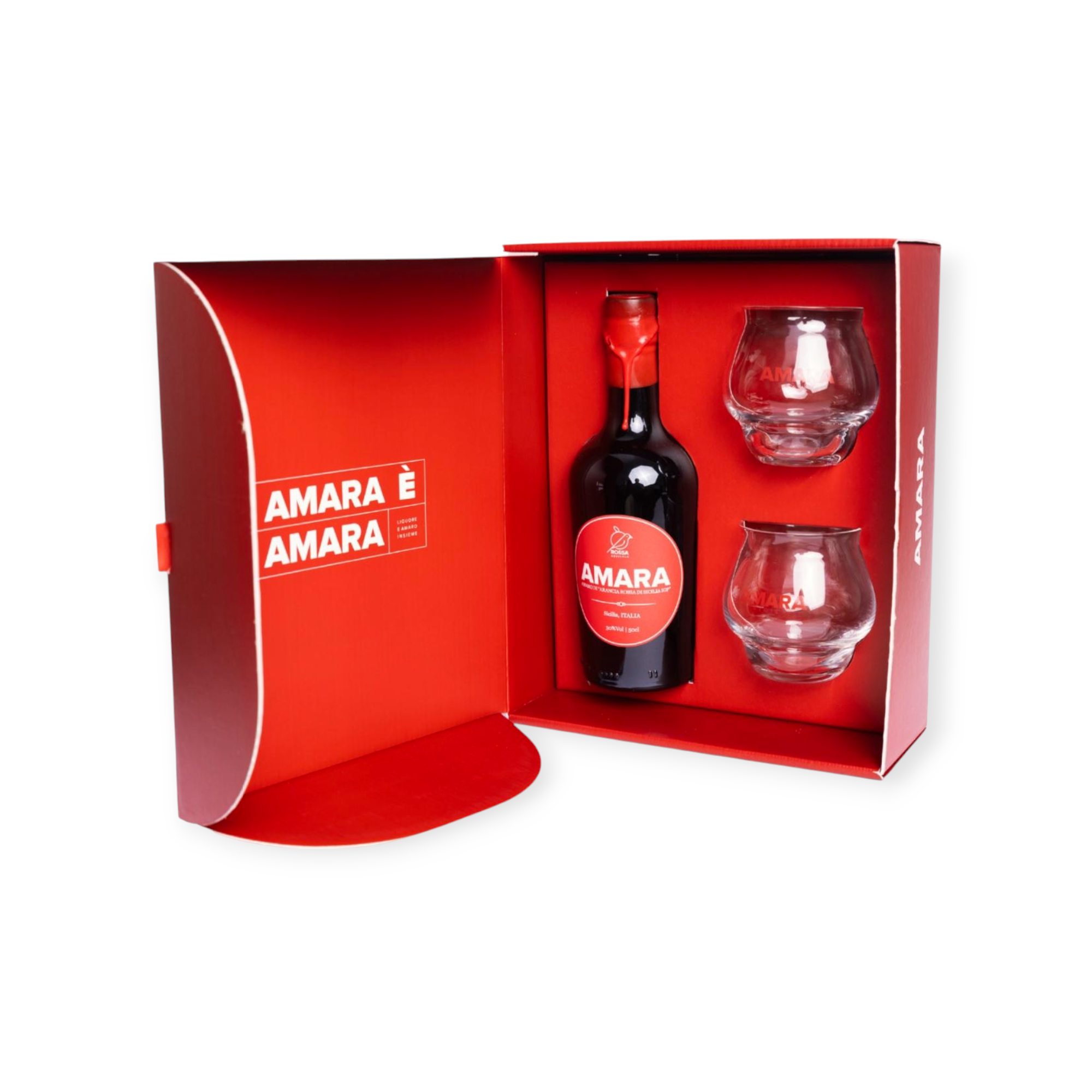 Amaro "Amara" all'Arancia Rossa Special Pack con due bicchieri - Rossa