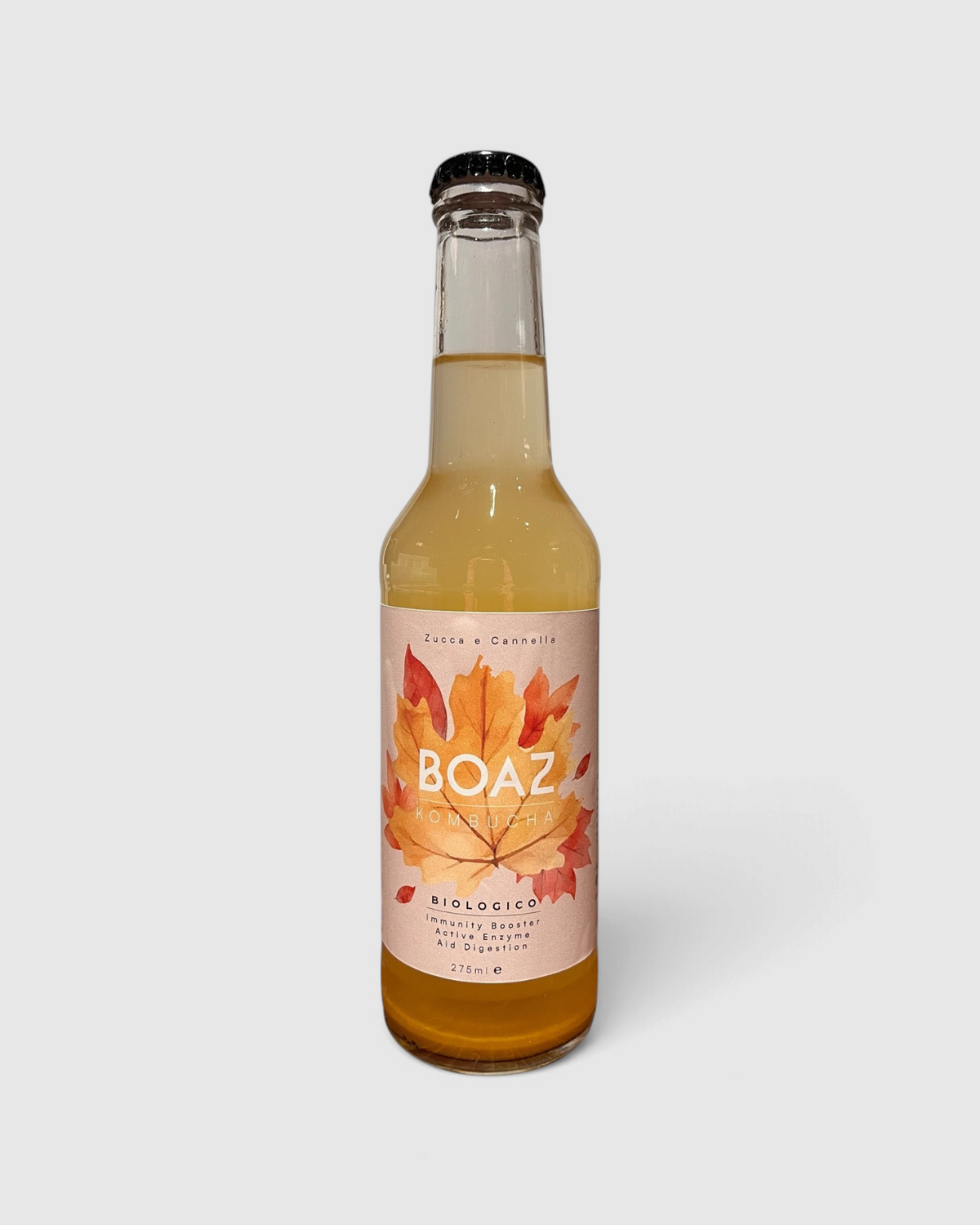 Bottiglia di Kombucha Bio Zucca e Cannella Boaz venduta da Raró Shop, bevanda fermentata artigianale da 275 ml
