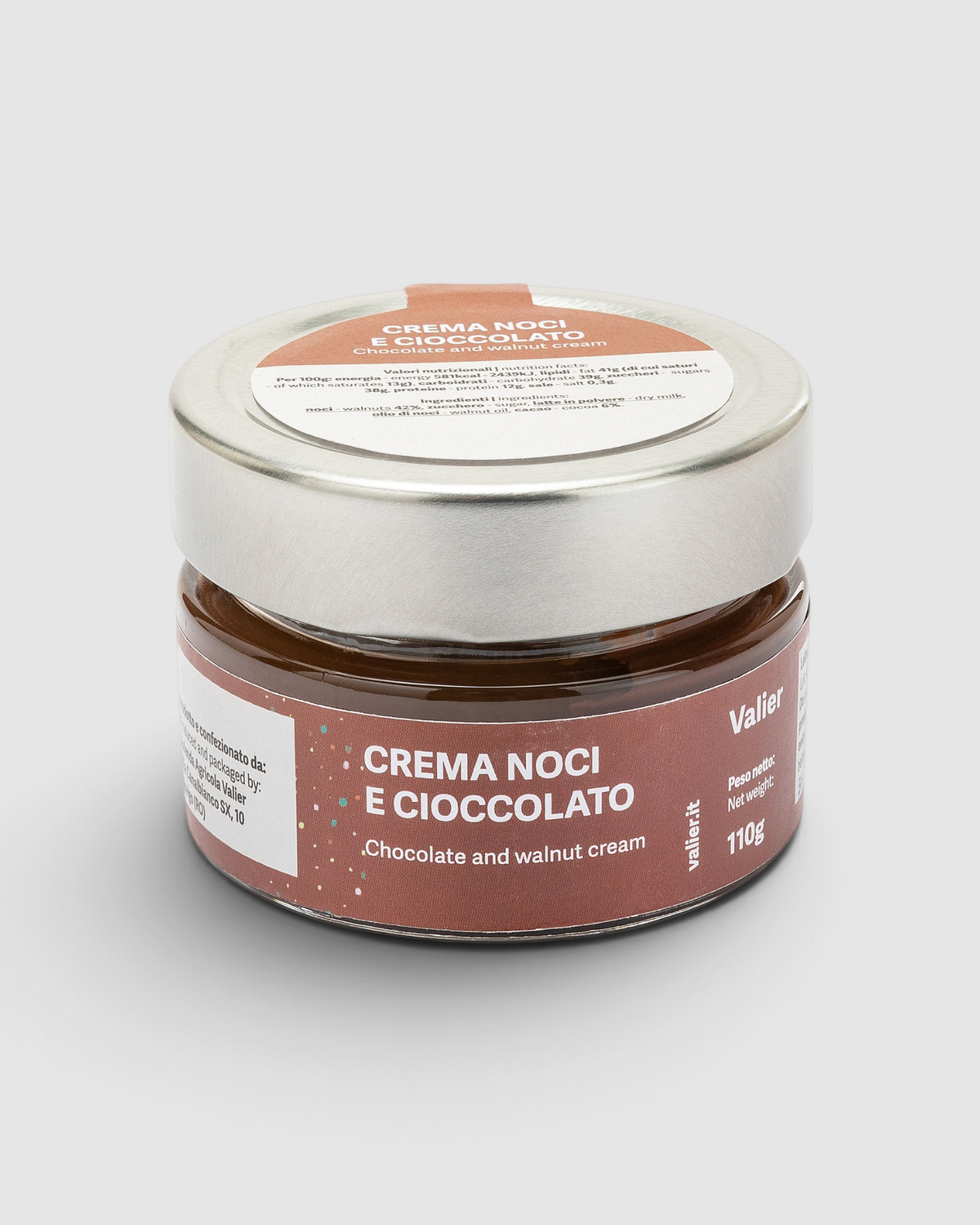 Barattolo di Crema Noci e Cacao Raró Shop, crema spalmabile artigianale con noci e cioccolato in vasetto di vetro