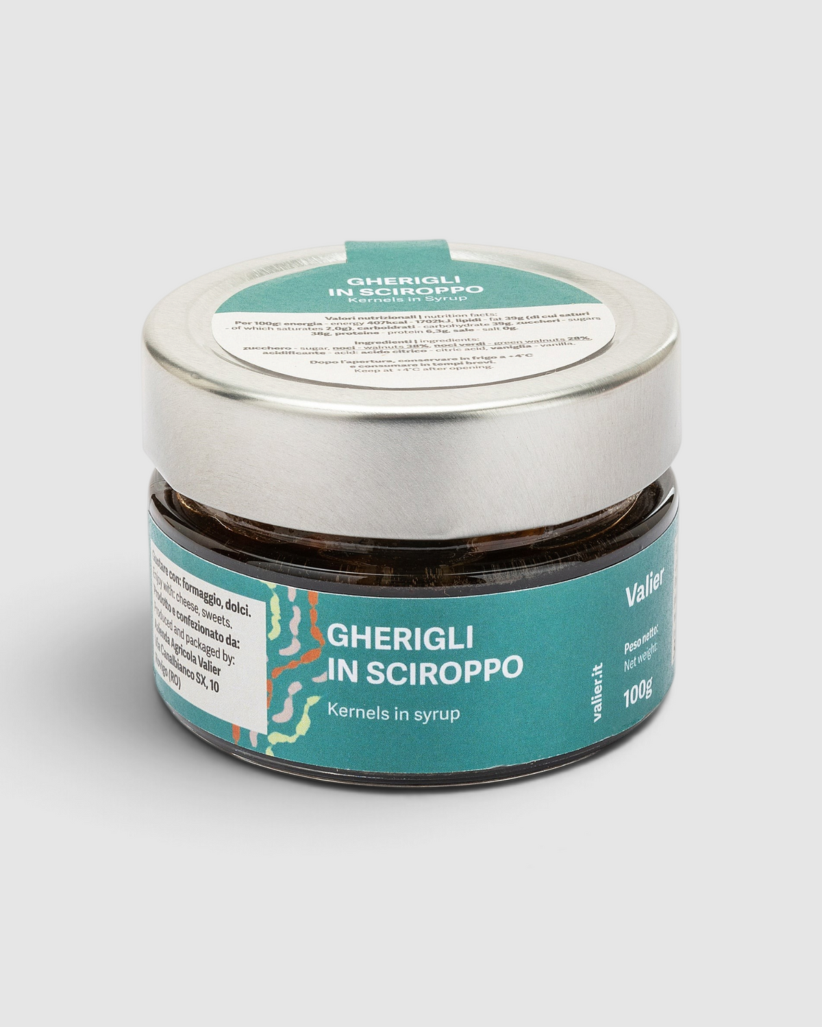 Vasetto di gherigli di noce in sciroppo Azienda Agricola Valier venduto da Raró Shop, ideale come dessert gourmet.