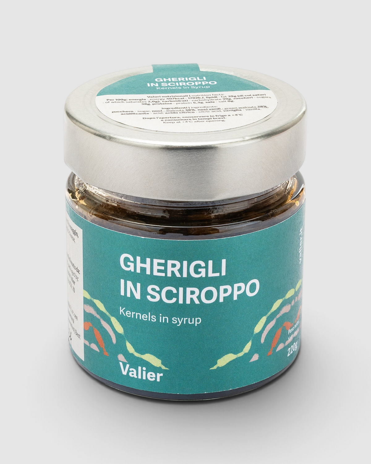 Vasetto di gherigli di noce in sciroppo Azienda Agricola Valier venduto da Raró Shop con etichetta verde acqua