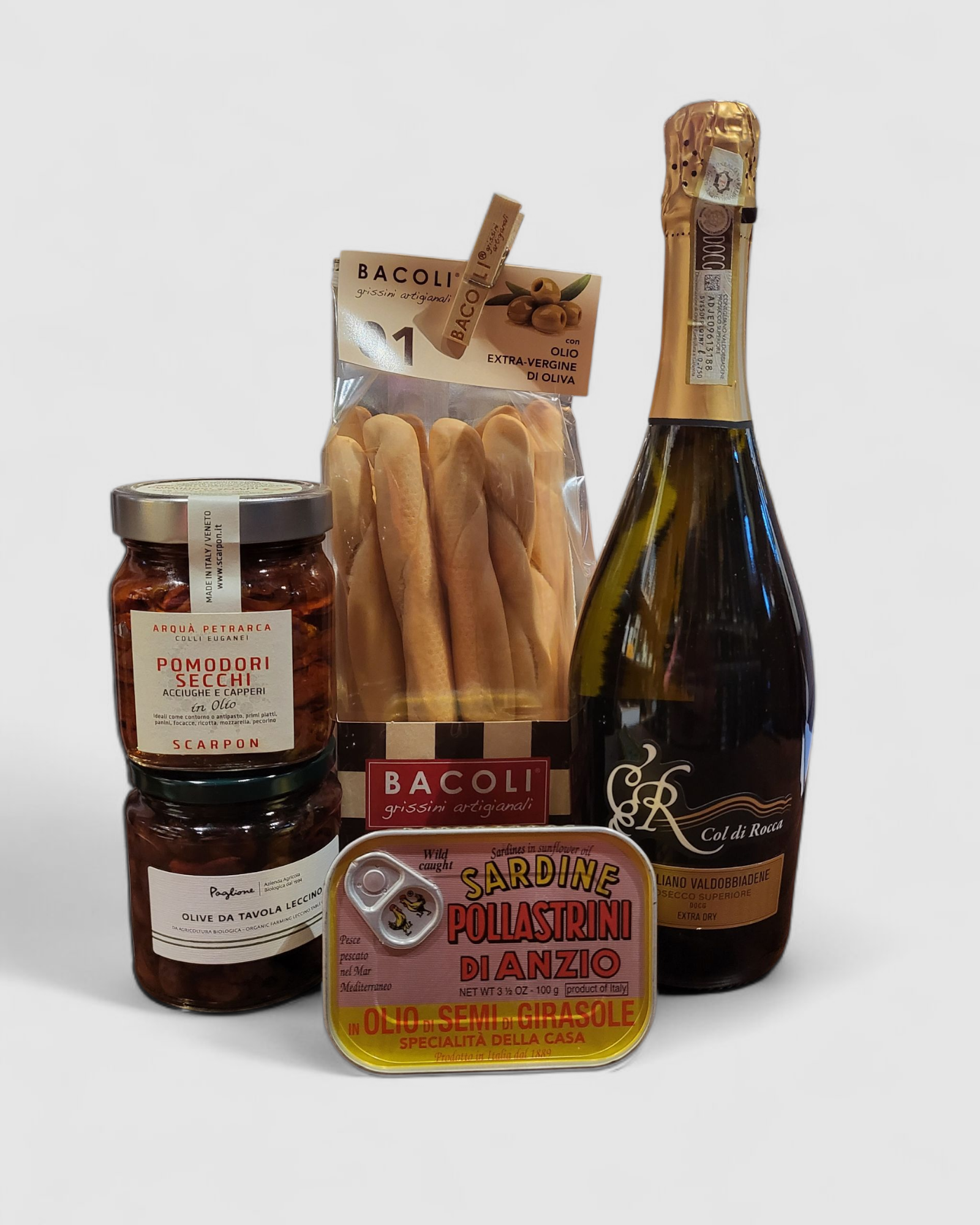 Kit Aperitivo - Prosecco, sardine, grissini, pomodori secchi, olive
