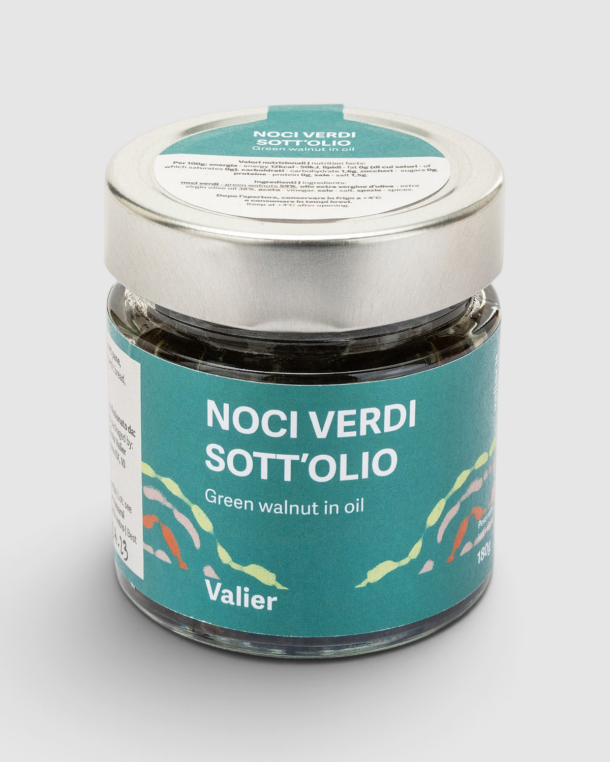 Vasetto di Noci Verdi Sott'olio Azienda Agricola Valier in vendita su Raró Shop con etichetta verde e tappo argento