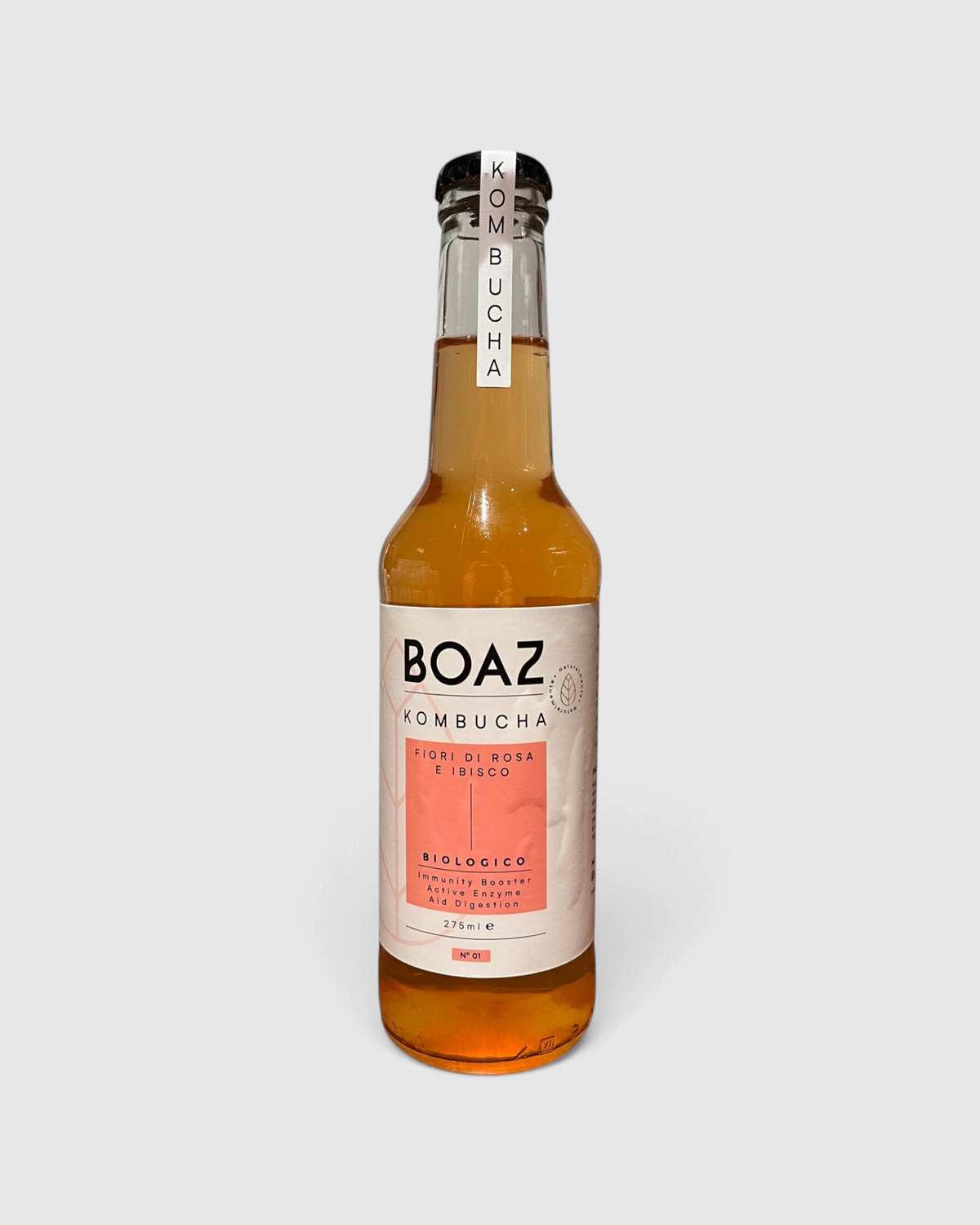 Bottiglia di Kombucha Bio Boaz ai fiori di ibisco e rosa, bevanda fermentata analcolica da 275 ml Raró Shop
