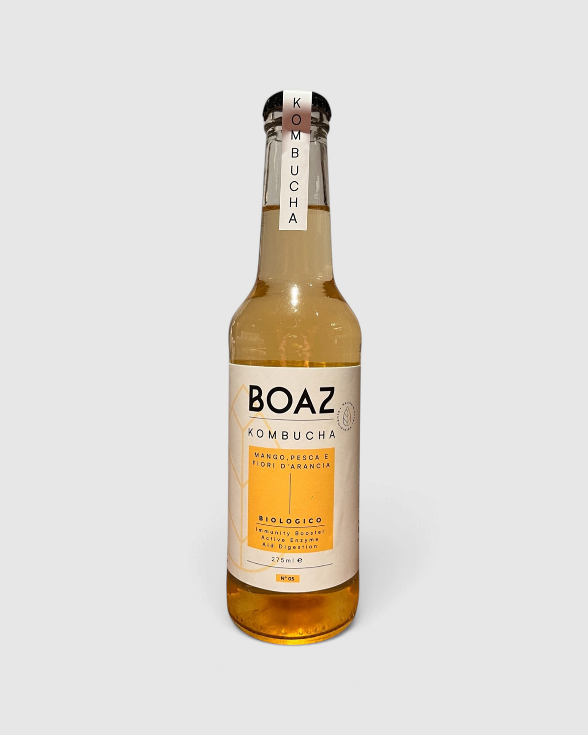 Bottiglia di Kombucha Bio Boaz al gusto di mango, pesca e fiori d'arancia in vendita su Raró Shop