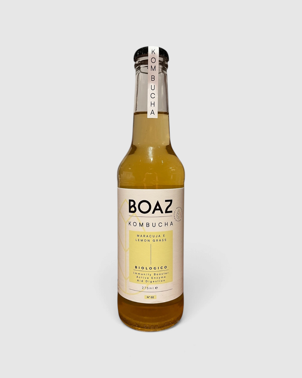 Bottiglia di Kombucha Bio Boaz al maracuja e lemongrass da 275 ml, bevanda fermentata rinfrescante Raró Shop