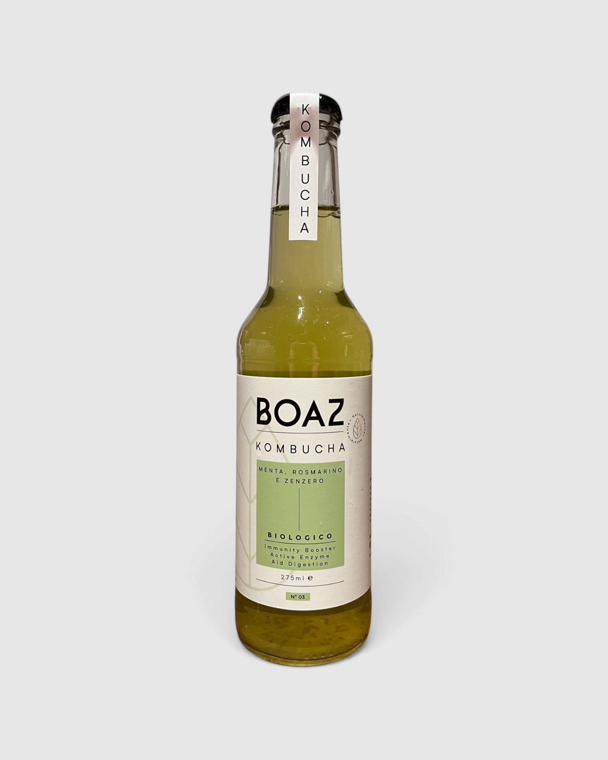 Bottiglia di Kombucha Bio Boaz al gusto di menta, rosmarino e zenzero, bevanda analcolica tonificante Raró Shop