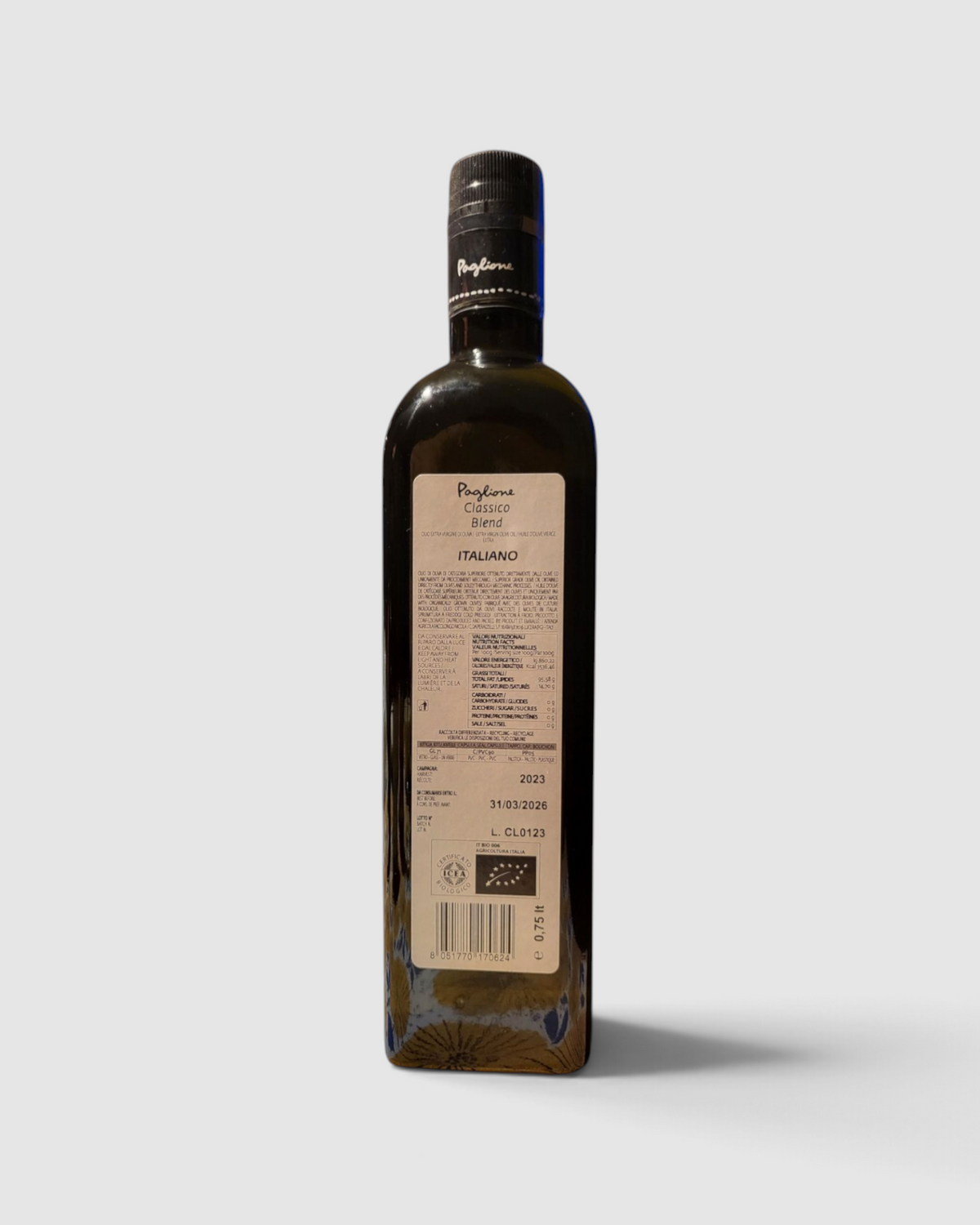 Retro etichetta della bottiglia di Olio Extra Vergine di Oliva Classico Paglione da 750 ml venduto da Raró Shop