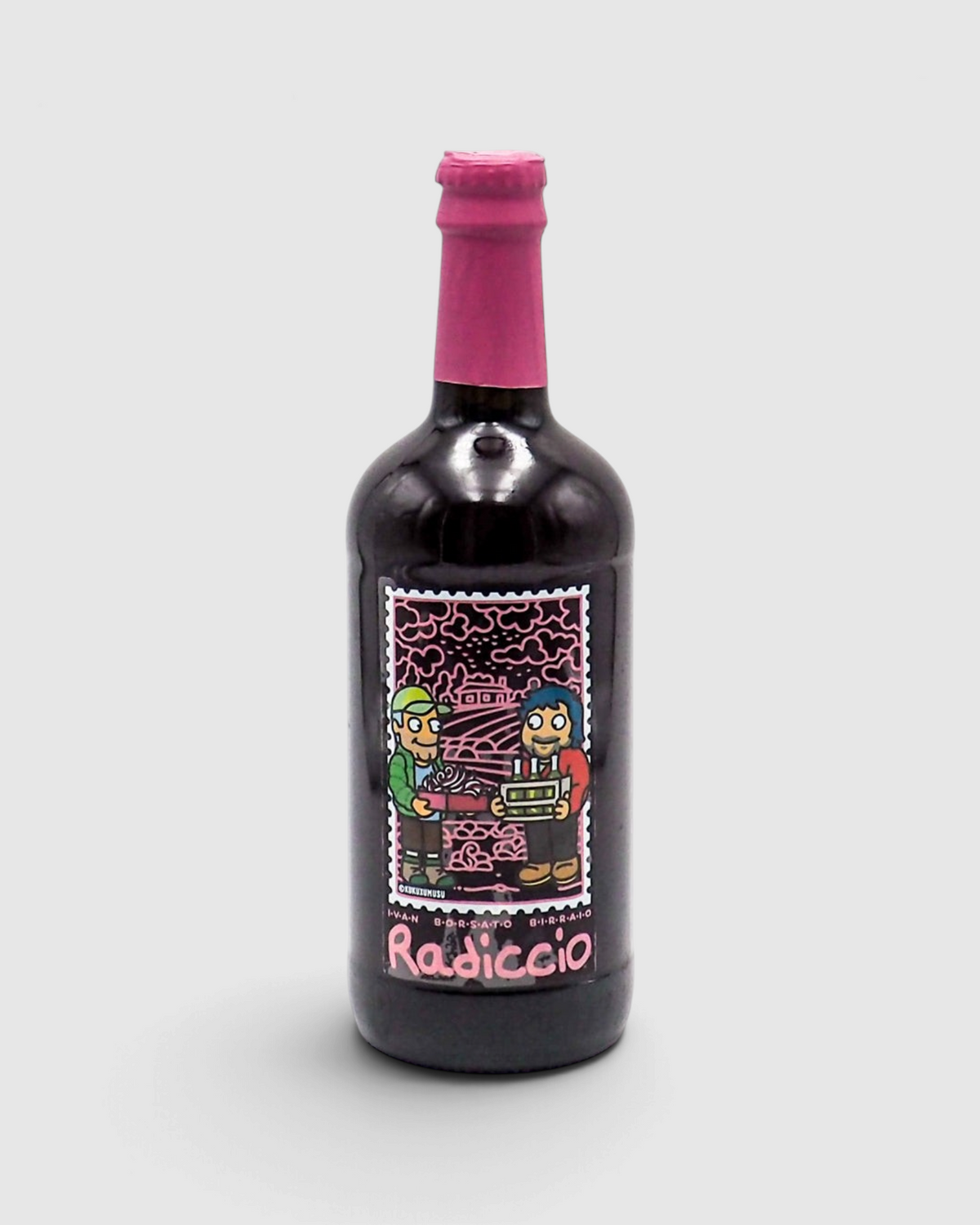 Birra artigianale Raró Shop al radicchio rosso di Treviso IGP in bottiglia da 0,5 litri con etichetta illustrata