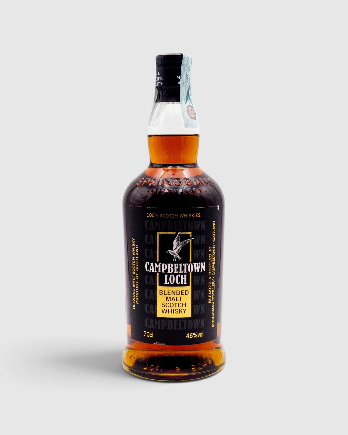 Bottiglia di whisky Campbeltown Loch Blended Malt di Springbank, disponibile su Raró Shop, con etichetta scura.