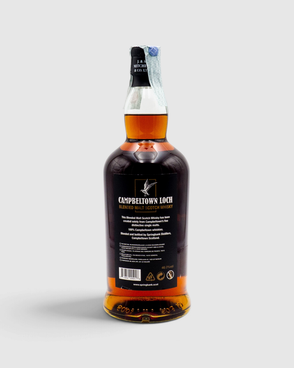 Retro etichetta posteriore della bottiglia di whisky Campbeltown Loch Blended Malt di Raró Shop