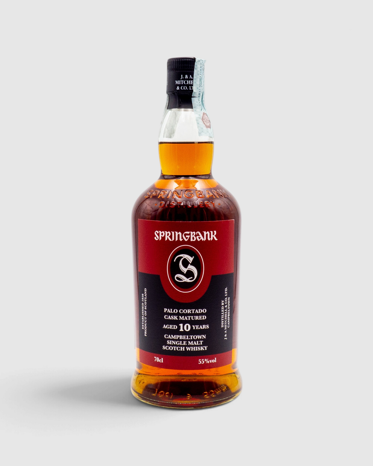 Bottiglia di whisky Raró Shop Springbank 10 anni Amontillado Cask Matured, single malt scozzese color ambra intenso.