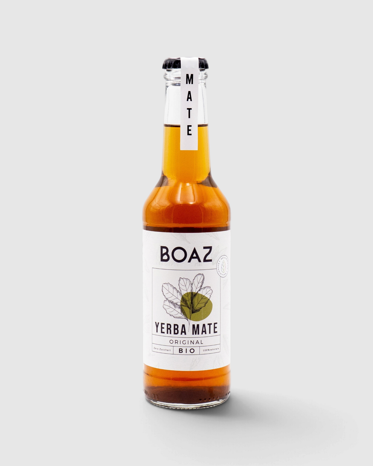 Bottiglia di vetro di Raró Shop Yerba Mate Originale Boaz con etichetta bianca e infuso color ambra