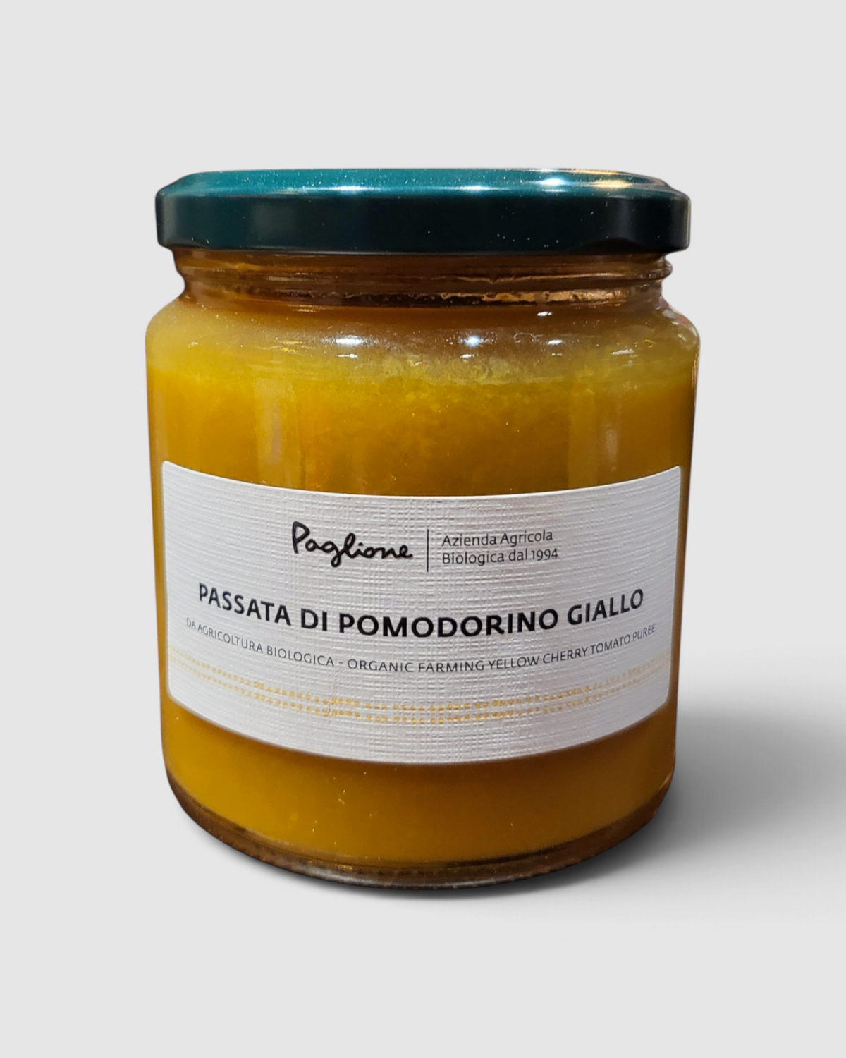 Passata di pomodorino giallo biologico Raró Shop in vasetto di vetro da 290g con etichetta Paglione