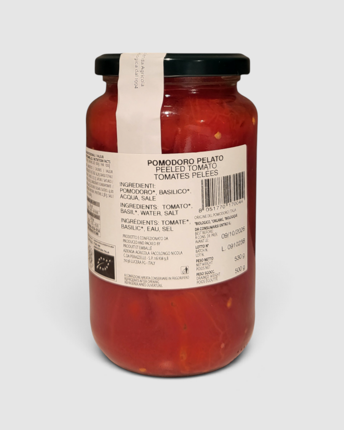 Barattolo di pomodori pelati biologici Raró Shop, pelati a mano con basilico, peso netto 530g