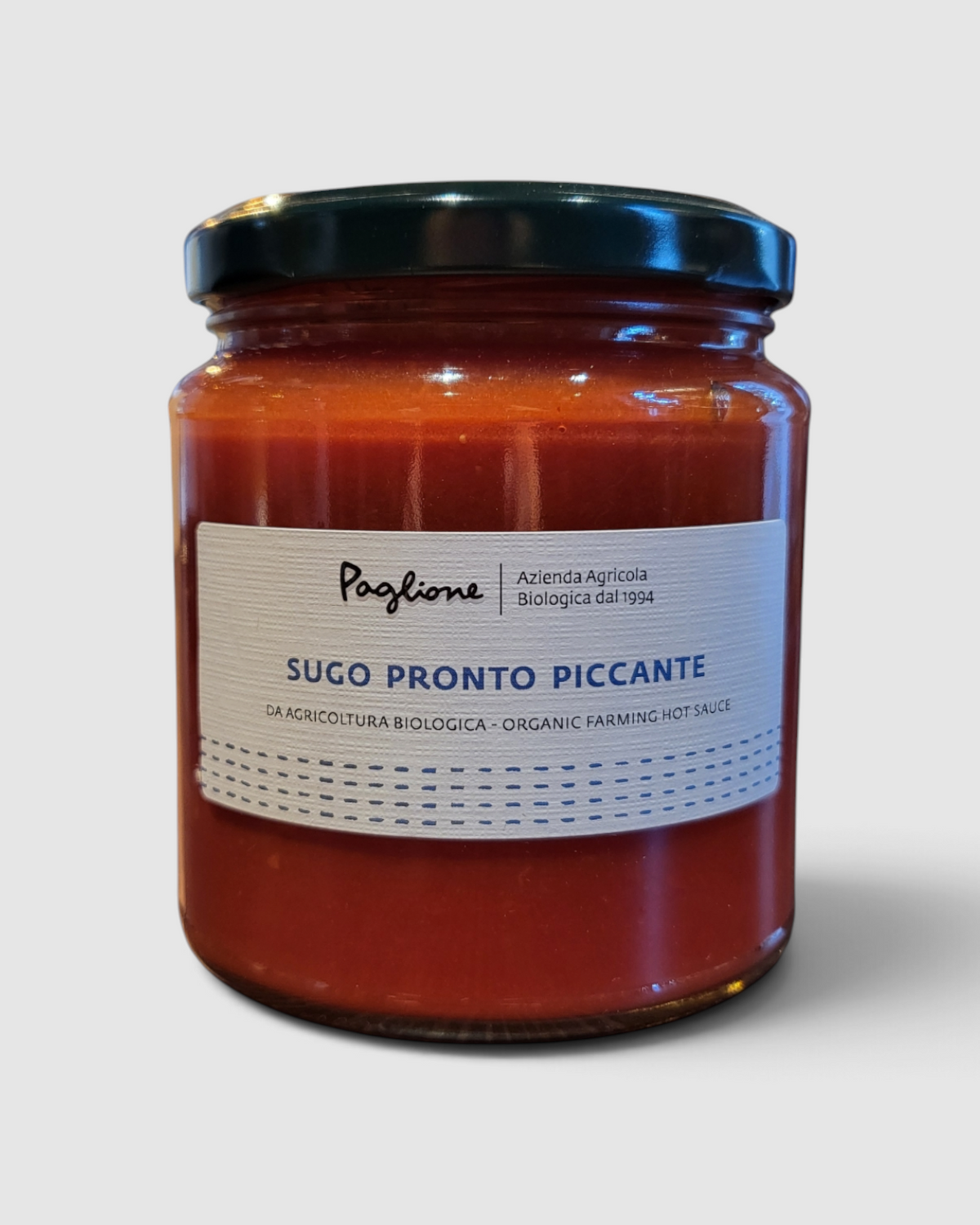 Vasetto di sugo pronto piccante Paglione in vendita presso Raró Shop, salsa di pomodoro biologico con peperoncino.