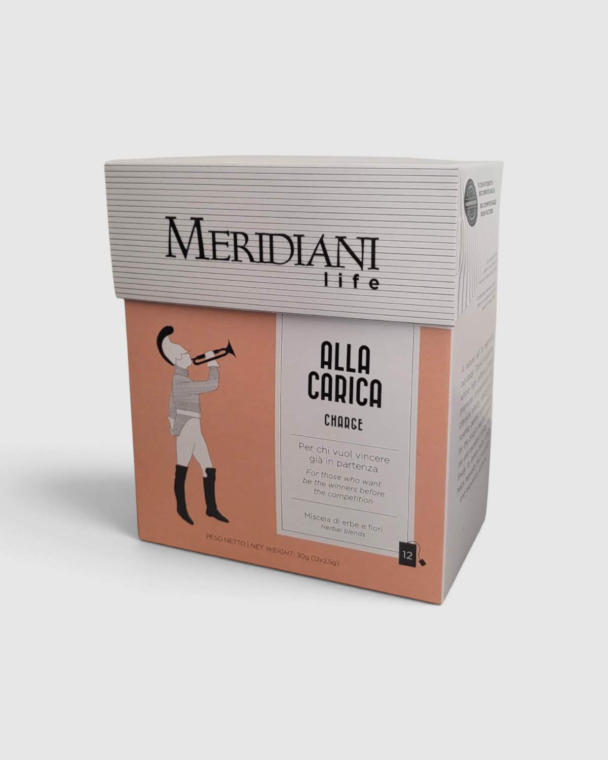 Confezione di tisana energizzante Alla Carica Meridiani Life in vendita presso Raró Shop con illustrazioni vintage