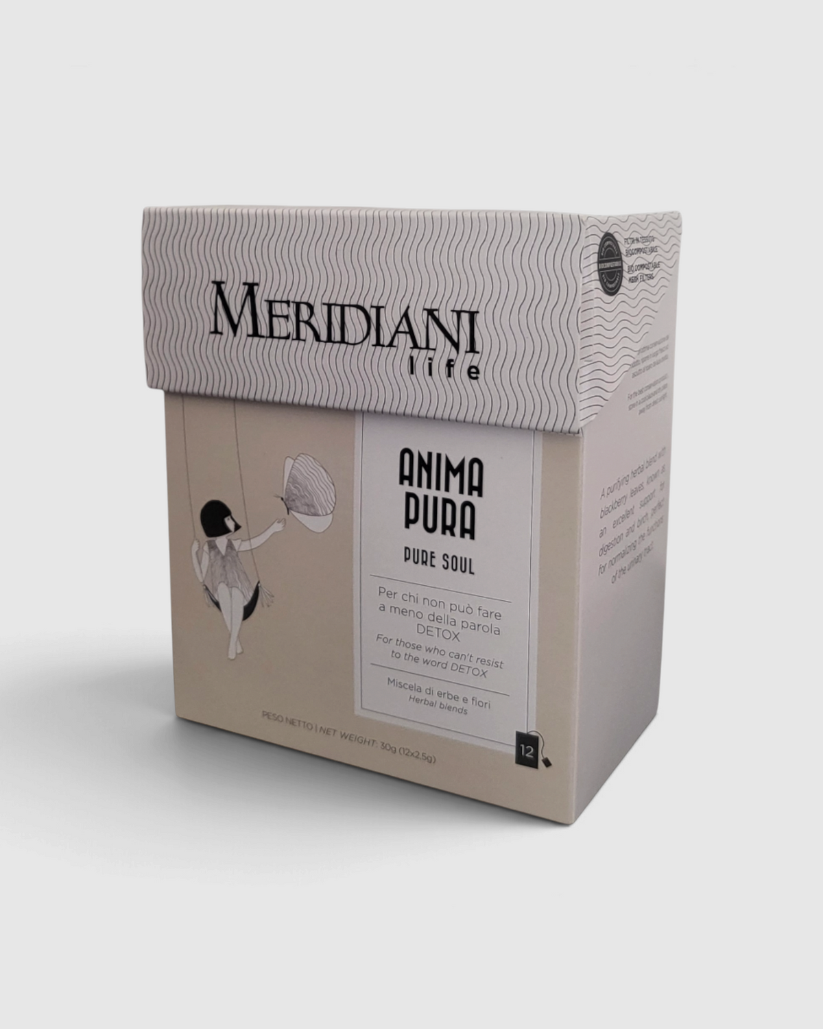 Confezione di tisana depurativa Anima Pura Meridiani Raró Shop con foglie di mora, betulla e mela in 12 bustine