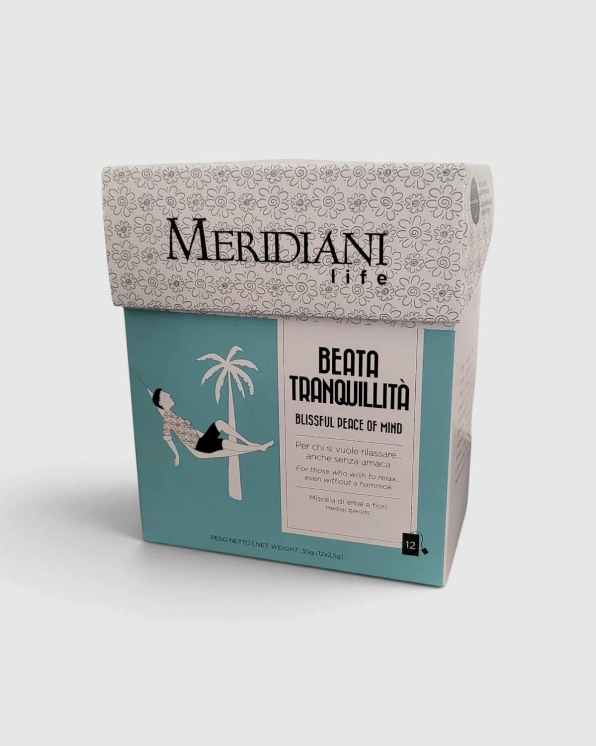 Confezione di tisana Beata Tranquillità Meridiani Life venduta da Raró Shop con illustrazioni rilassanti