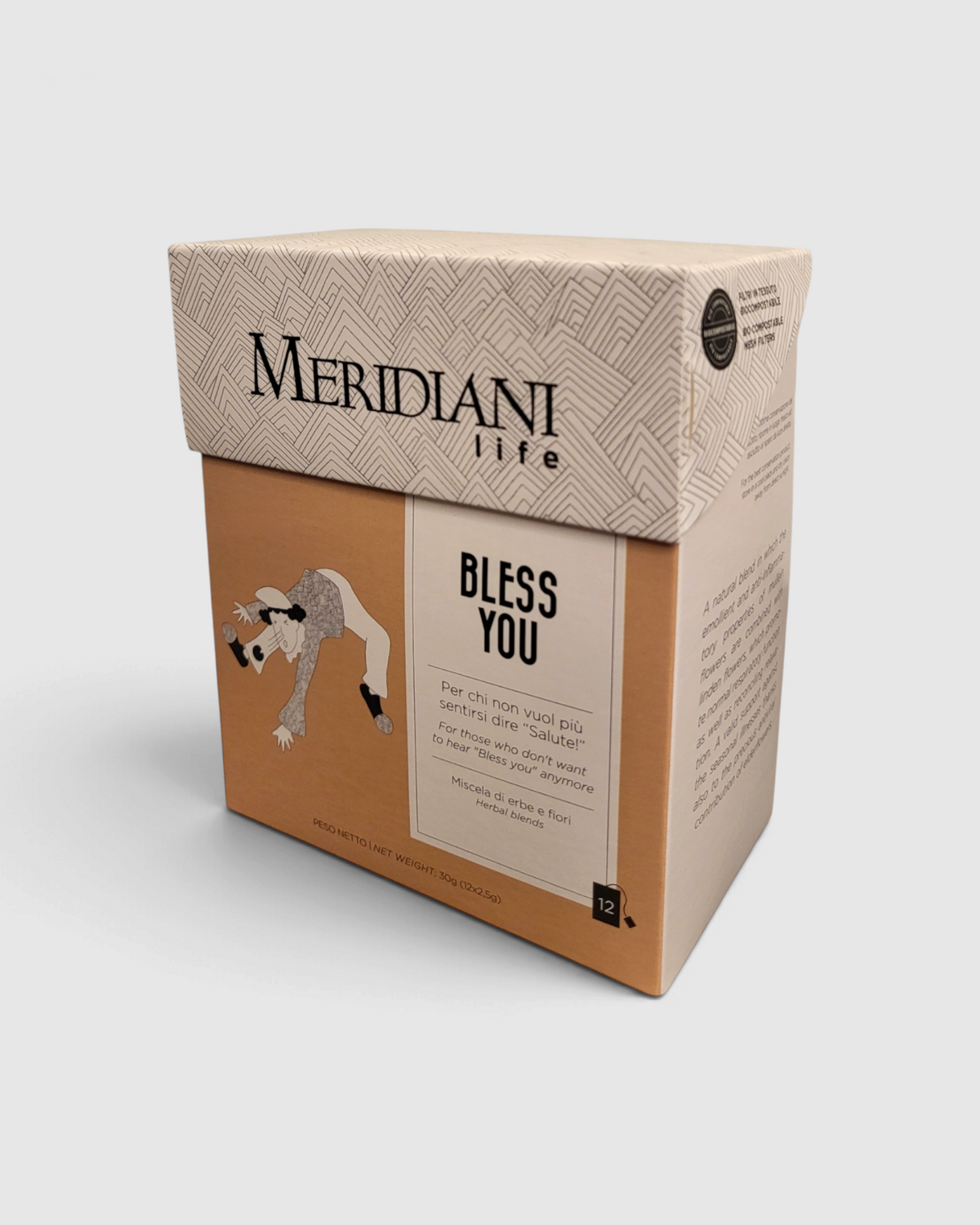 Confezione di tisana Bless You Meridiani Life di Raró Shop, miscela naturale di erbe e fiori in 12 bustine.