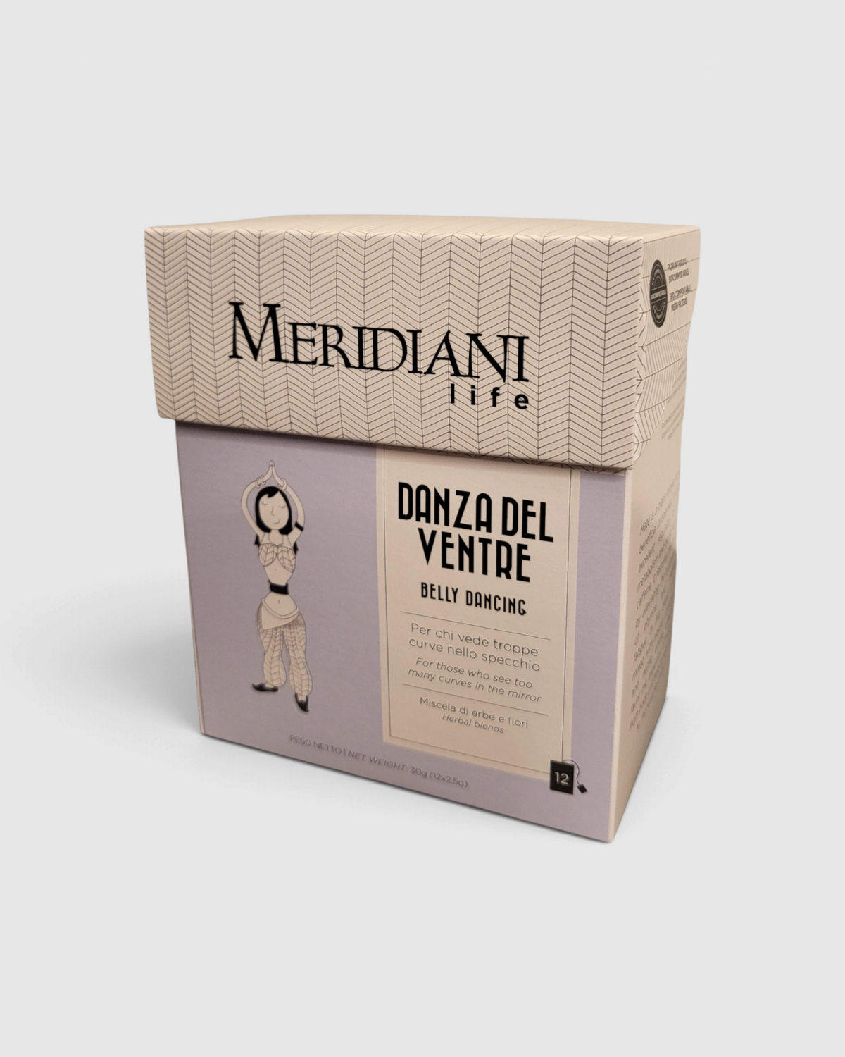 Confezione di tisana Danza del Ventre Meridiani Life venduta da Raró Shop, miscela di erbe con maté e verbena.