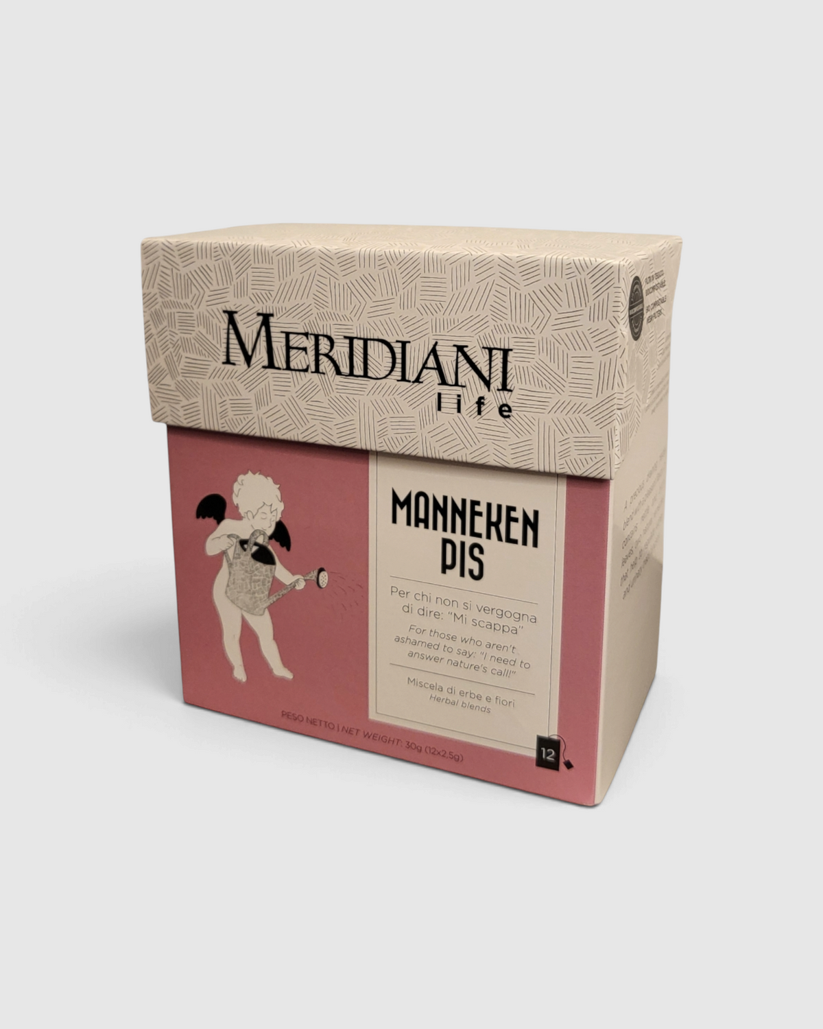 Confezione di tisana drenante Manneken pis Linea Life di Meridiani venduta da Raró Shop con 12 bustine al ribes nero