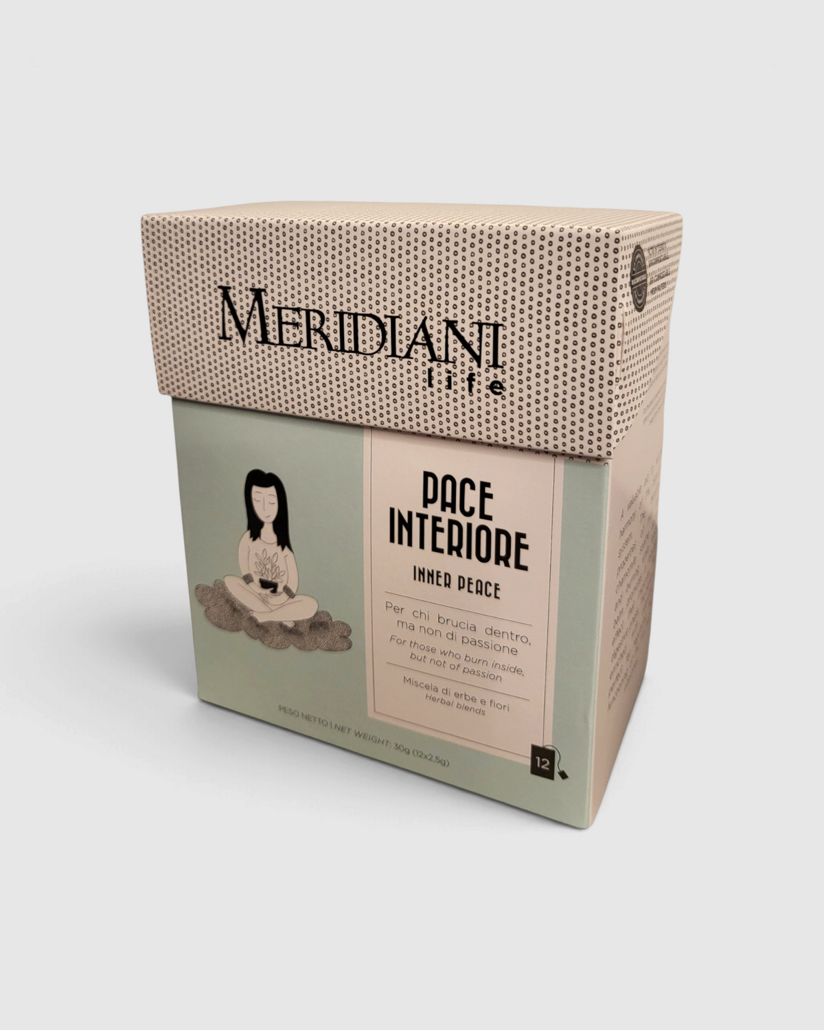 Confezione di tisana Pace Interiore Meridiani Life venduta da Raró Shop, miscela di erbe per il benessere digestivo.