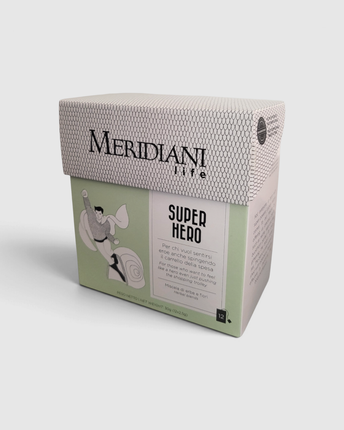 Confezione di tisana Super Hero Linea Life Meridiani di Raró Shop con illustrazioni di erbe e un supereroe