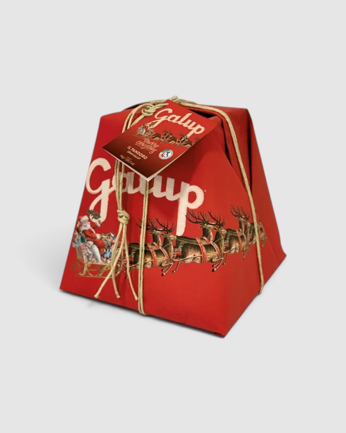 Pandoro classico Grand Galup 1 kg Raró Shop in confezione regalo rossa natalizia con decorazioni di renne e Babbo Natale