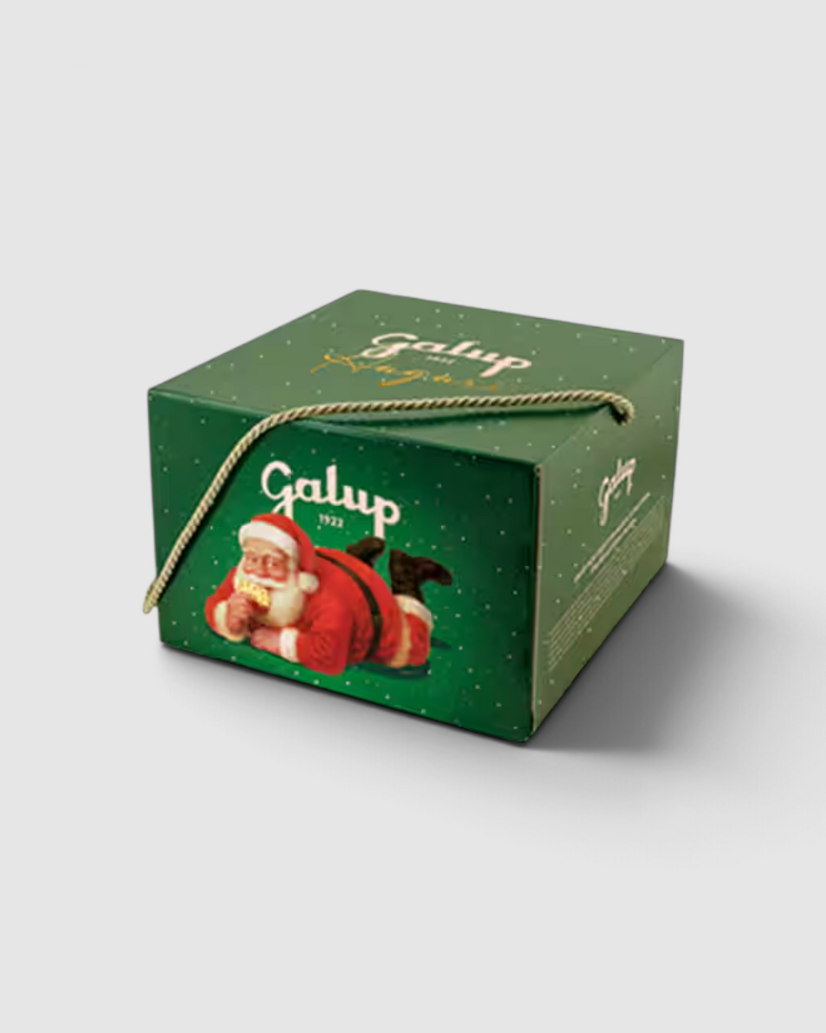 Confezione regalo natalizia verde Raró Shop per Panettone Galup con illustrazione di Babbo Natale e manico a corda