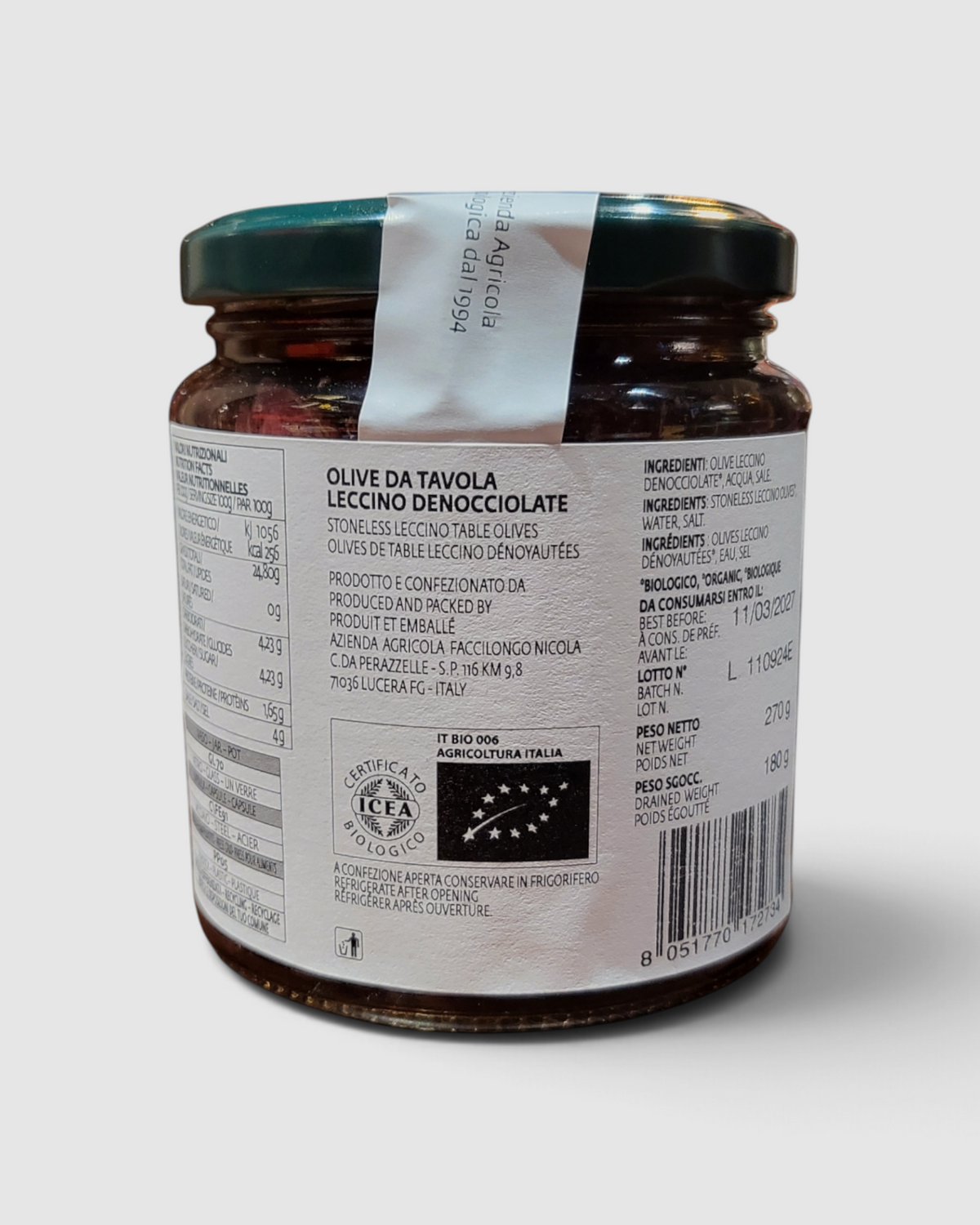 Vasetto di olive da tavola Leccino denocciolate biologiche Raró Shop da 270g con etichetta informativa