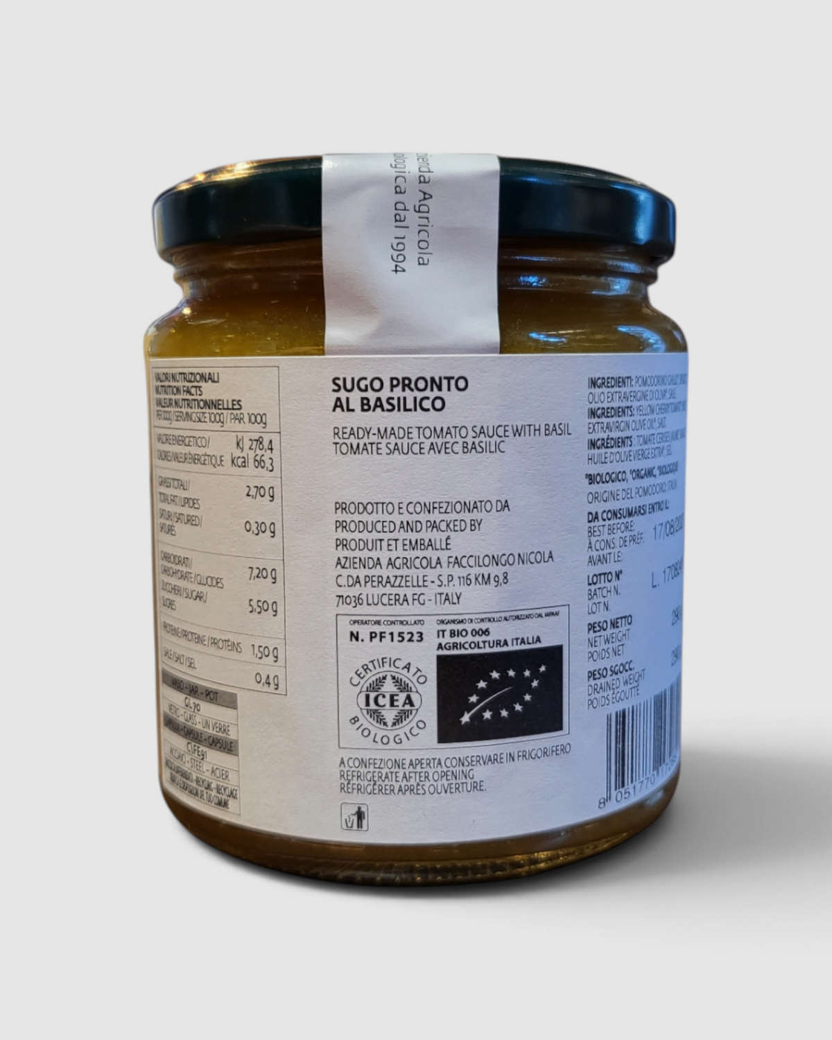 Retro etichetta del sugo pronto di pomodorini gialli al basilico Paglione disponibile su Raró Shop