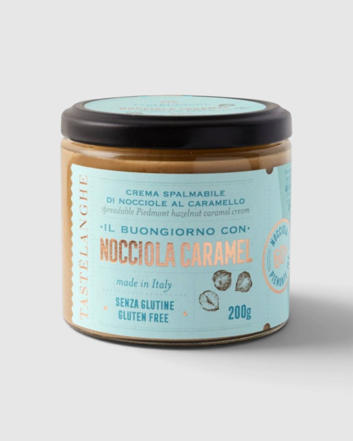 Vasetto di crema spalmabile Raró Shop Tastëlanghe al caramello e nocciola Piemonte IGP 60% senza glutine