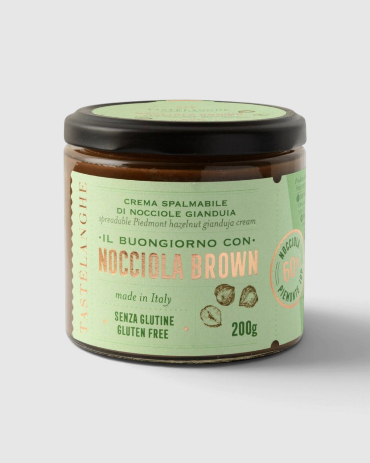 Vasetto di crema spalmabile gianduia Raró Shop con 60% di Nocciola Piemonte IGP, etichetta verde e coperchio nero.